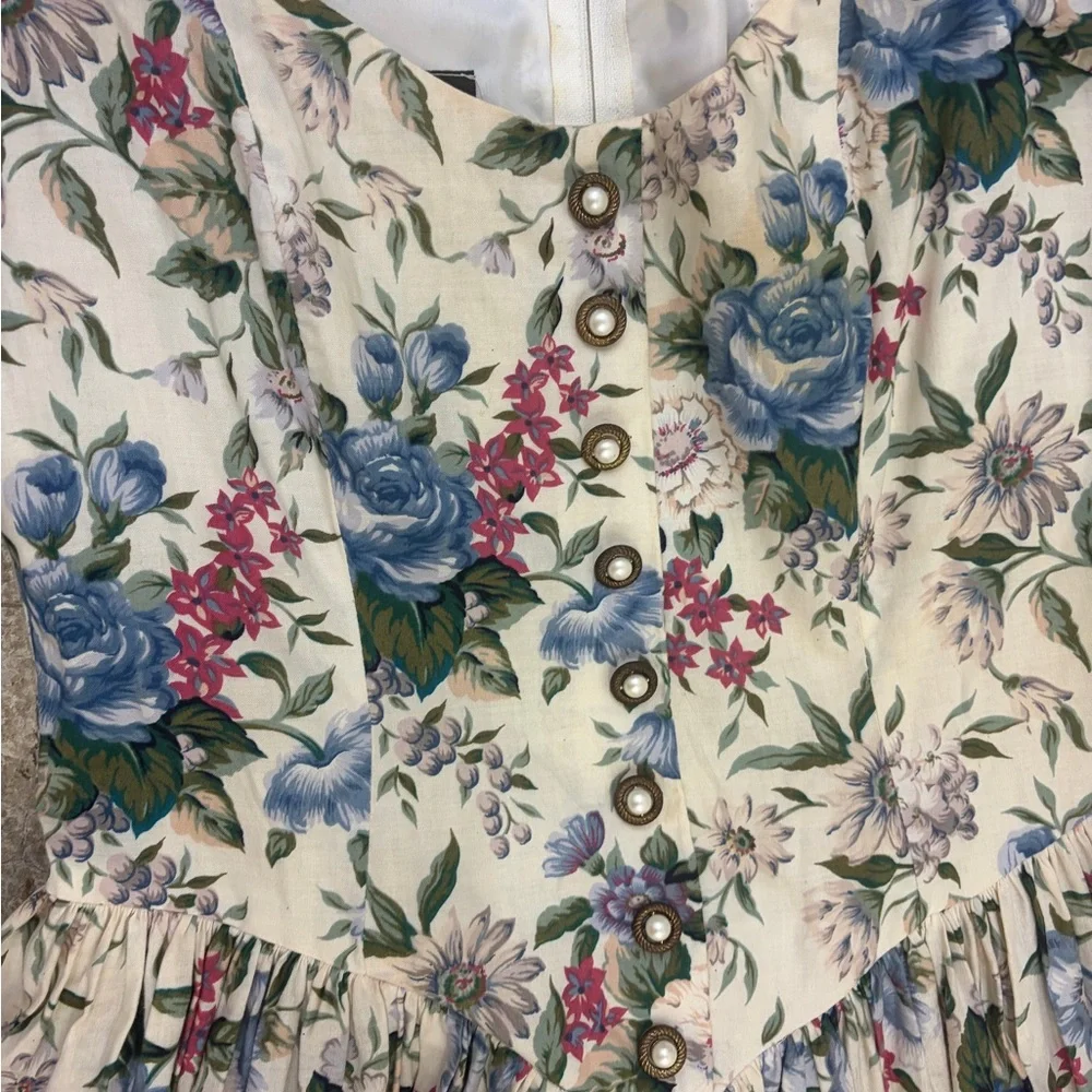 Vintage 1980s algo Floral Puff Sleeve Dress corset basque waist cottagecore maxi - Picture 3 of 8